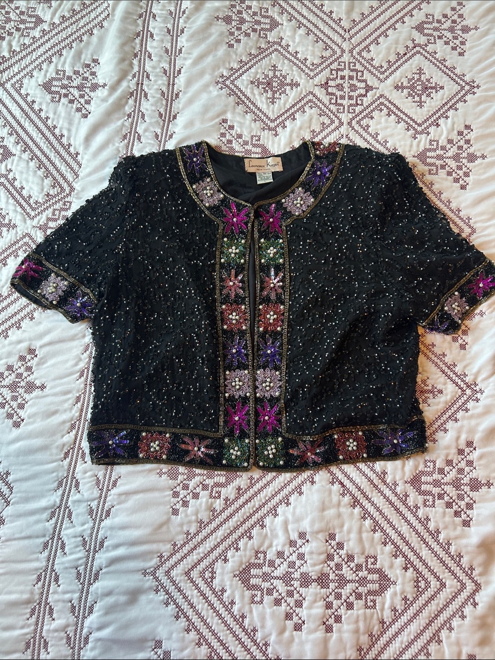 Vintage Laurence Kazar Black Beaded Cropped Top with Multicolor Floral Beading